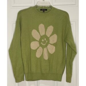 Witty Fox Women's Small Green Smiley Face Flower Knit Sweater Crew‎ Neck